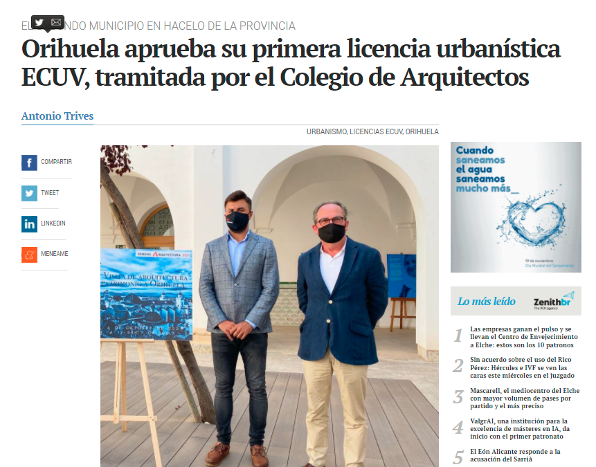 Orihuela aprueba su primera licencia urbanística ECUV, tramitada por el Colegio de Arquitectos